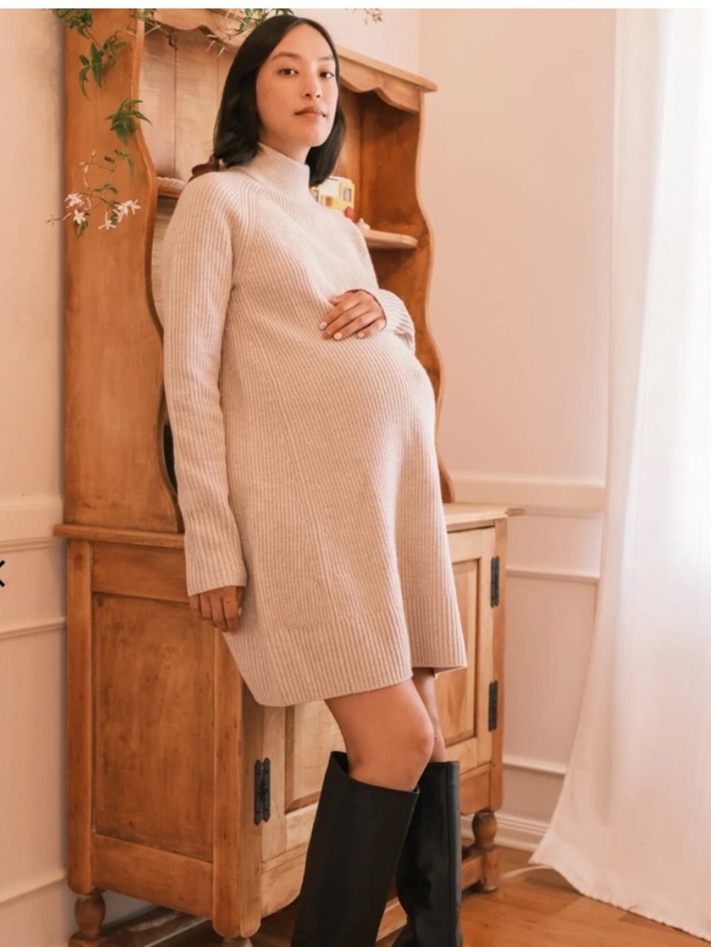Hatch Irina Shaker Maternity Ribbed Knit Mock Neck Sweater Dress Beige Size 2/M - Picture 2 of 9